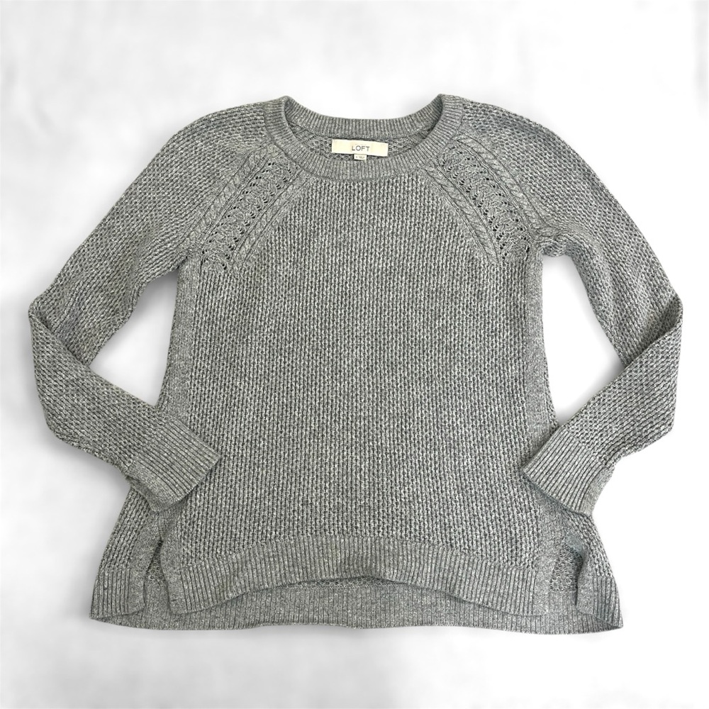 LOFT Womens Crewneck Crochet Knit Sweater Lagenlook Fisherman Size Small Gray